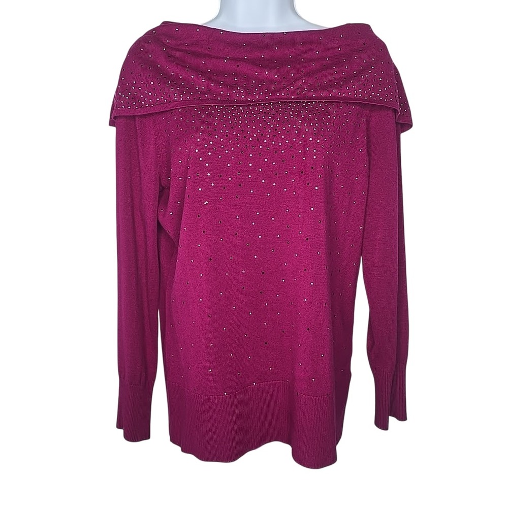 Roz & Ali Rhinestone Embellished Cowl Neck Sweater Womens L Magenta Glam Pink
